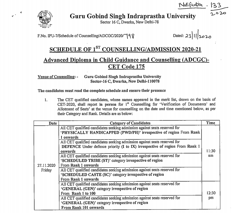 Counselling Notice of Advanced Diploma in Child Guidance and Counselling NIPCCD 2020